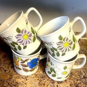 Vintage Floral Mugs Set - Purple, Blue, Yellow, Green